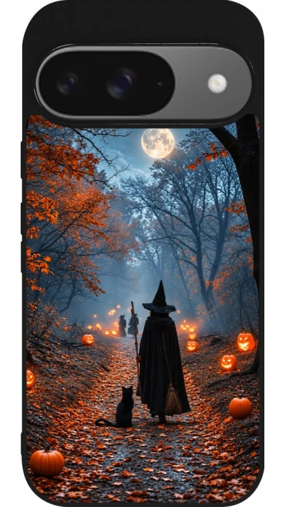 Coque Google Pixel 9 / Pixel 9 Pro - Silicone rigide noir Halloween 2026 Witch with a cat