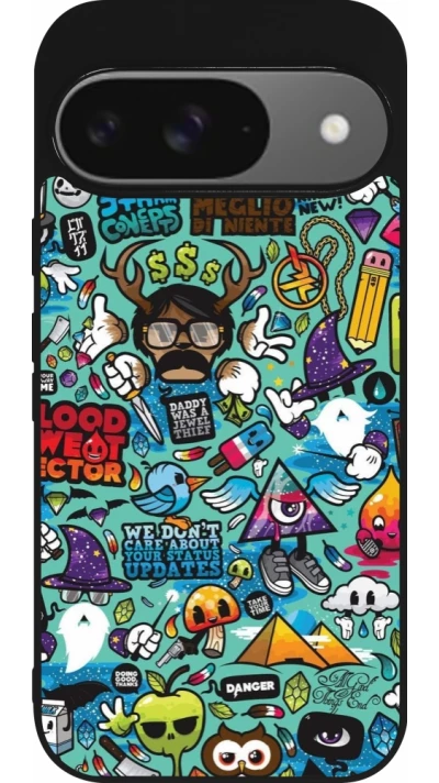 Google Pixel 9 / Pixel 9 Pro Case Hülle - Silikon schwarz Mixed Cartoons Turquoise
