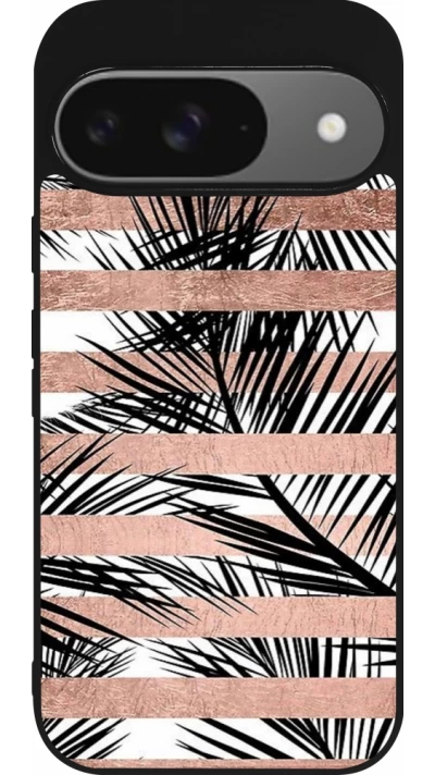 Google Pixel 9 / Pixel 9 Pro Case Hülle - Silikon schwarz Palm trees gold stripes