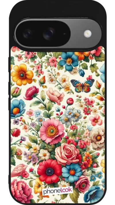 Coque Google Pixel 9 / Pixel 9 Pro - Silicone rigide noir Spring 25 printemps fleuri