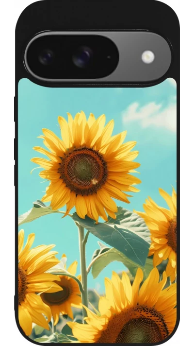 Coque Google Pixel 9 / Pixel 9 Pro - Silicone rigide noir Sunflowers Summer 2026