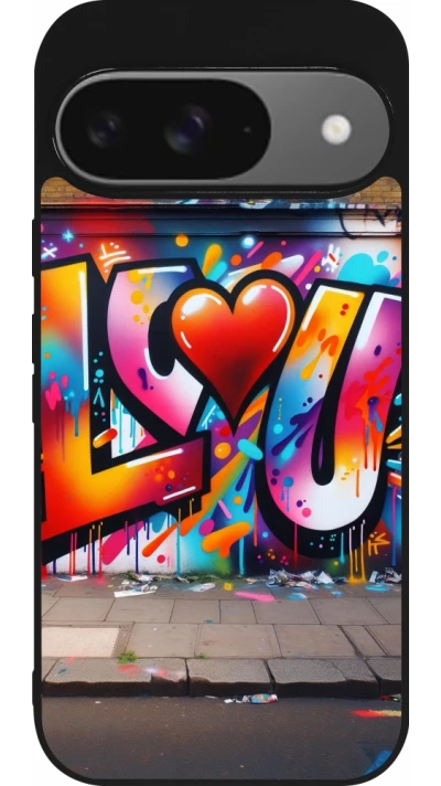 Coque Google Pixel 9 / Pixel 9 Pro - Silicone rigide noir Valentine 2025 Love U Tag