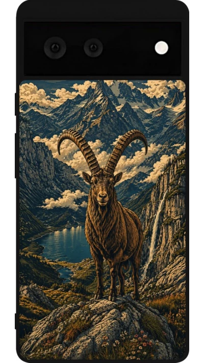 Coque Google Pixel 6 - Silicone rigide noir Linocut Bouquetin