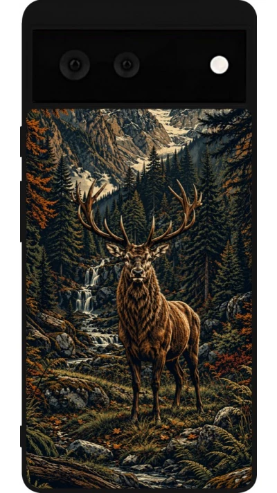 Coque Google Pixel 6 - Silicone rigide noir Linocut Cerf