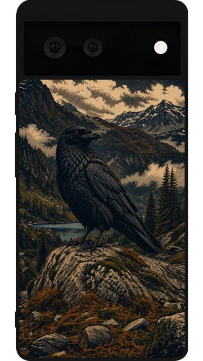 Coque Google Pixel 6 - Silicone rigide noir Linocut Grand Corbeau