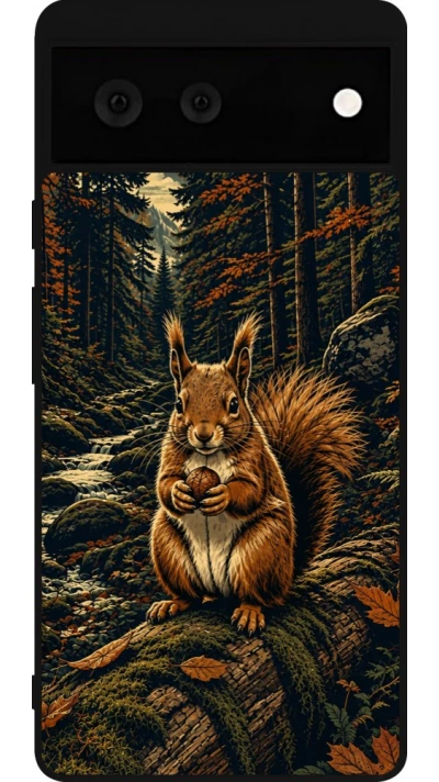 Coque Google Pixel 6 - Silicone rigide noir Linocut Ecureuil