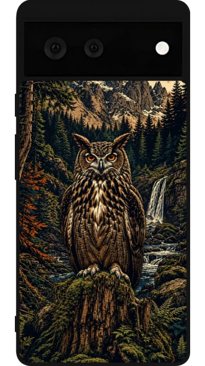 Coque Google Pixel 6 - Silicone rigide noir Linocut Grand-Duc