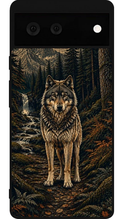 Coque Google Pixel 6 - Silicone rigide noir Linocut Loup