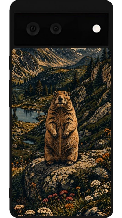 Coque Google Pixel 6 - Silicone rigide noir Linocut Marmotte