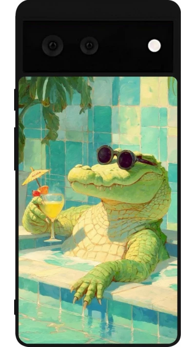 Coque Google Pixel 6 - Silicone rigide noir Crocodile in the swimming pool Summer 2026