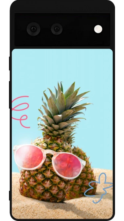 Coque Google Pixel 6 - Silicone rigide noir Pineapple with glasses Summer 2026