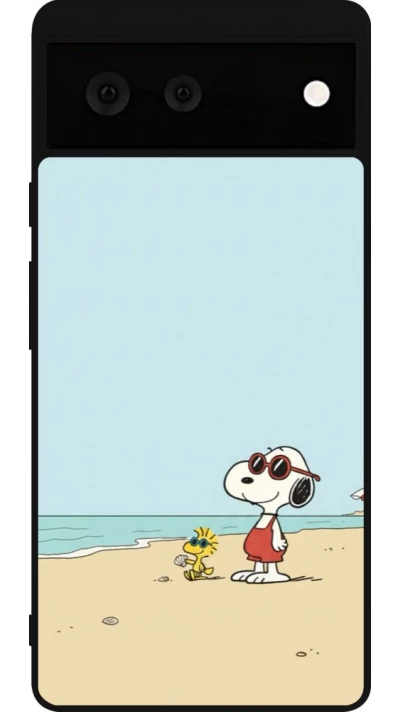 Coque Google Pixel 6 - Silicone rigide noir Snoopy on the beach Summer 2026