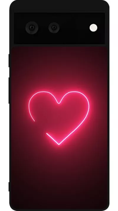 Coque Google Pixel 6 - Silicone rigide noir Valentine 2023 single neon heart