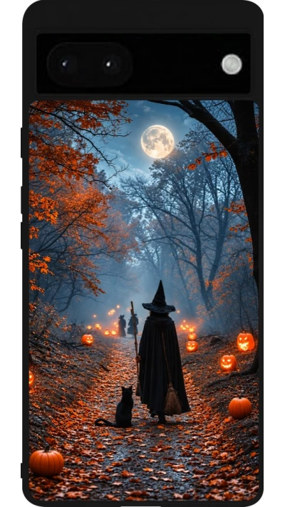 Google Pixel 6a Case Hülle - Silikon schwarz Halloween 2026 Witch with a cat