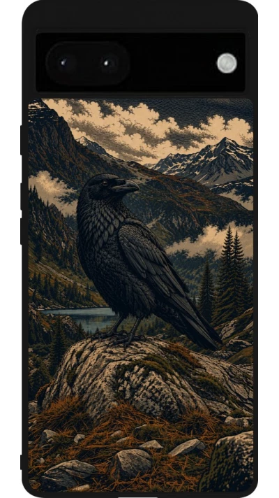 Google Pixel 6a Case Hülle - Silikon schwarz Linocut Grosser Rabe