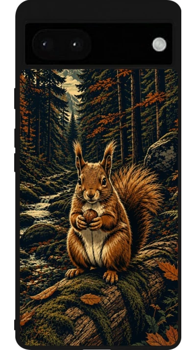 Google Pixel 6a Case Hülle - Silikon schwarz Linocut Eichhörnchen