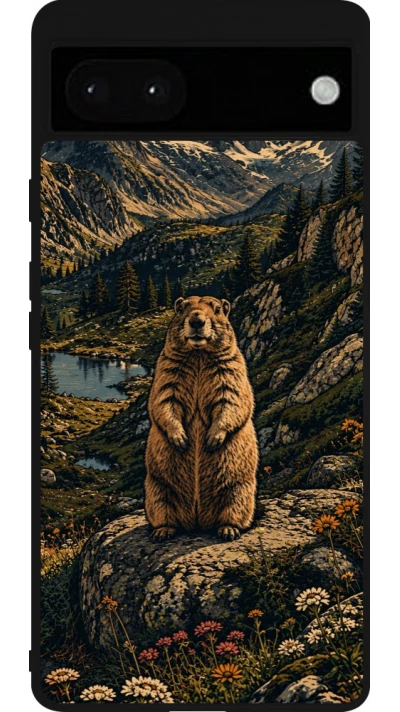 Google Pixel 6a Case Hülle - Silikon schwarz Linocut Murmeltier