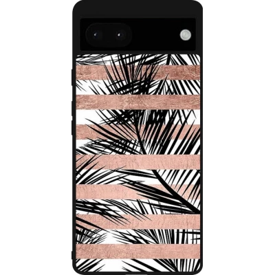 Google Pixel 6a Case Hülle - Silikon schwarz Palm trees gold stripes