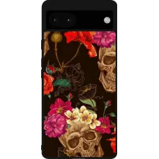 Coque Google Pixel 6a - Silicone rigide noir Skulls and flowers