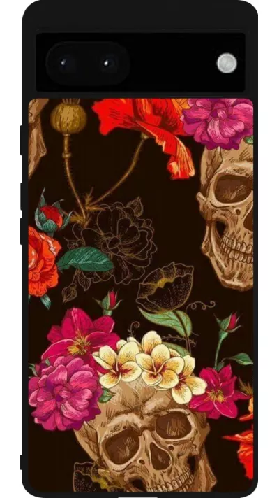 Google Pixel 6a Case Hülle - Silikon schwarz Skulls and flowers