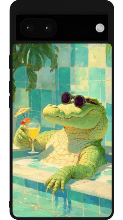 Coque Google Pixel 6a - Silicone rigide noir Crocodile in the swimming pool Summer 2026