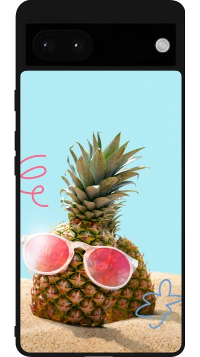 Coque Google Pixel 6a - Silicone rigide noir Pineapple with glasses Summer 2026