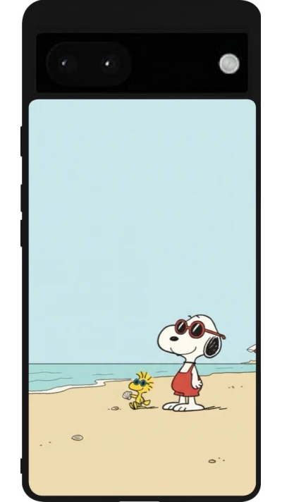 Coque Google Pixel 6a - Silicone rigide noir Snoopy on the beach Summer 2026