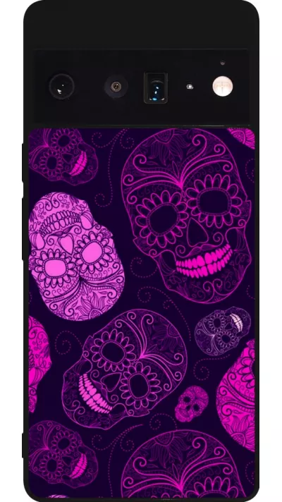 Google Pixel 6 Pro Case Hülle - Silikon schwarz Halloween 2023 pink skulls