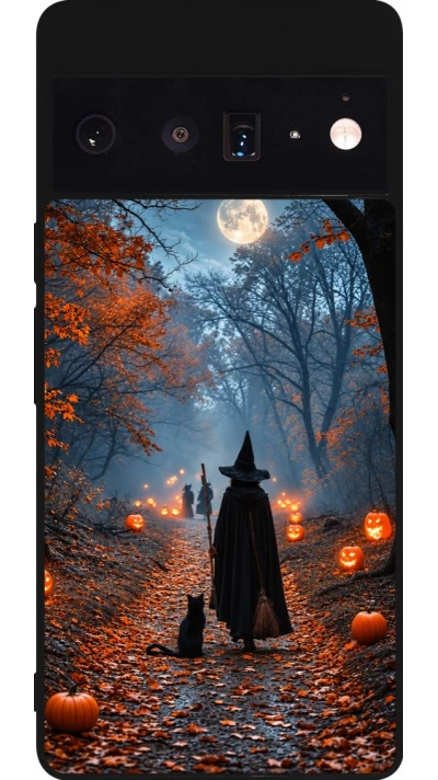 Google Pixel 6 Pro Case Hülle - Silikon schwarz Halloween 2026 Witch with a cat