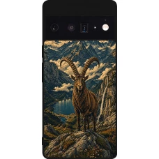 Coque Google Pixel 6 Pro - Silicone rigide noir Linocut Bouquetin