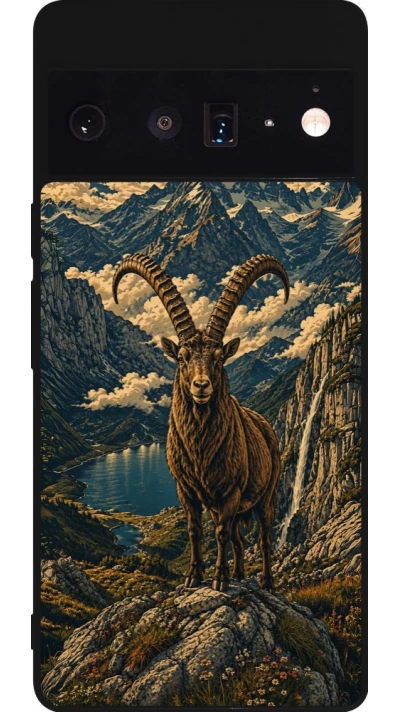 Coque Google Pixel 6 Pro - Silicone rigide noir Linocut Bouquetin