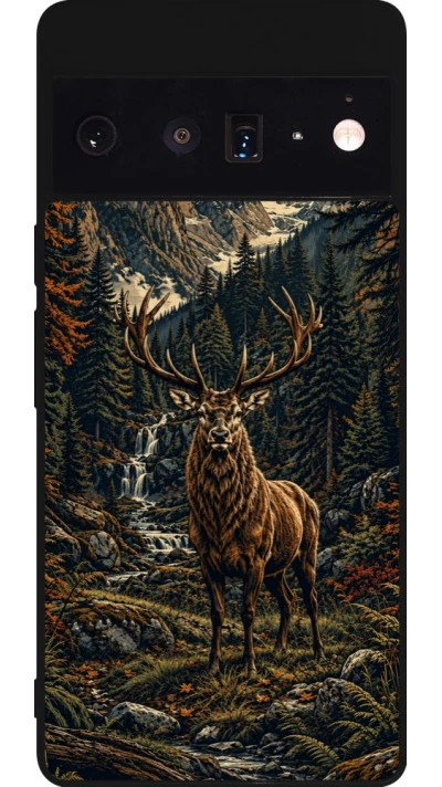 Coque Google Pixel 6 Pro - Silicone rigide noir Linocut Cerf