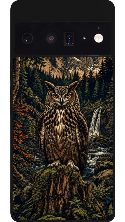 Coque Google Pixel 6 Pro - Silicone rigide noir Linocut Grand-Duc