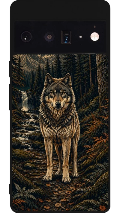 Coque Google Pixel 6 Pro - Silicone rigide noir Linocut Loup