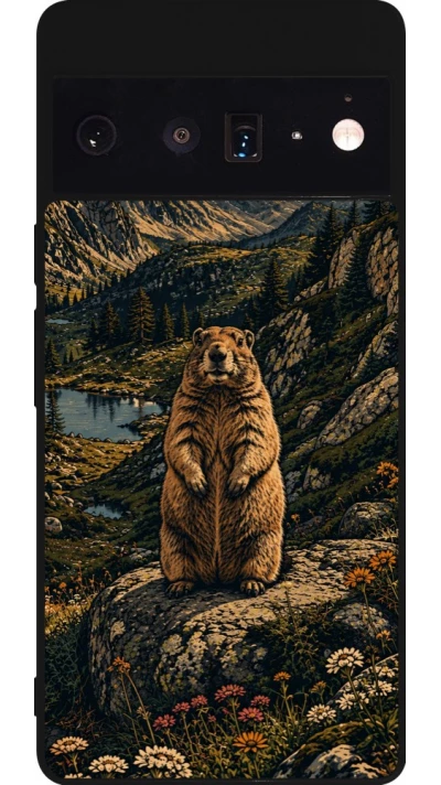 Coque Google Pixel 6 Pro - Silicone rigide noir Linocut Marmotte
