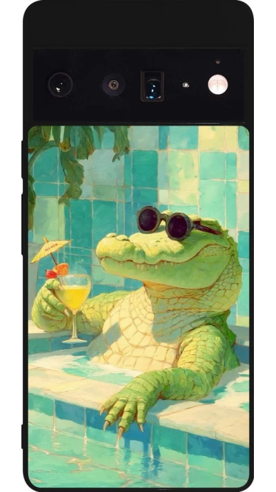 Coque Google Pixel 6 Pro - Silicone rigide noir Crocodile in the swimming pool Summer 2026