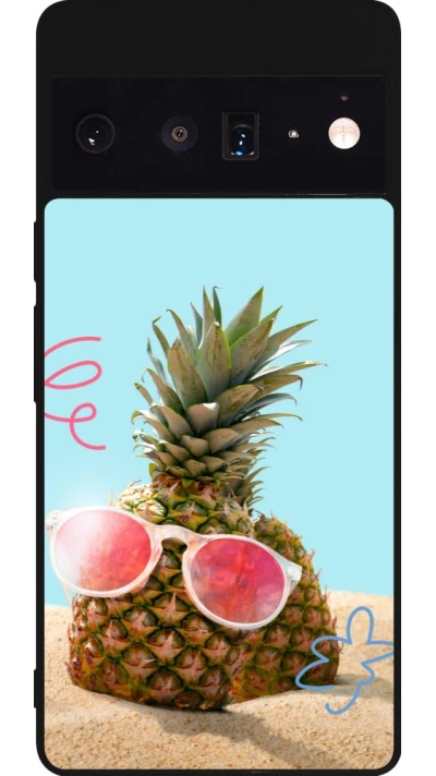 Coque Google Pixel 6 Pro - Silicone rigide noir Pineapple with glasses Summer 2026