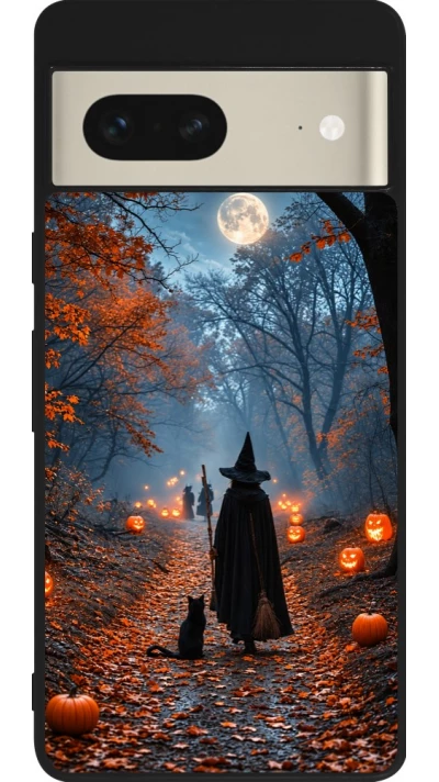 Coque Google Pixel 7 - Silicone rigide noir Halloween 2026 Witch with a cat
