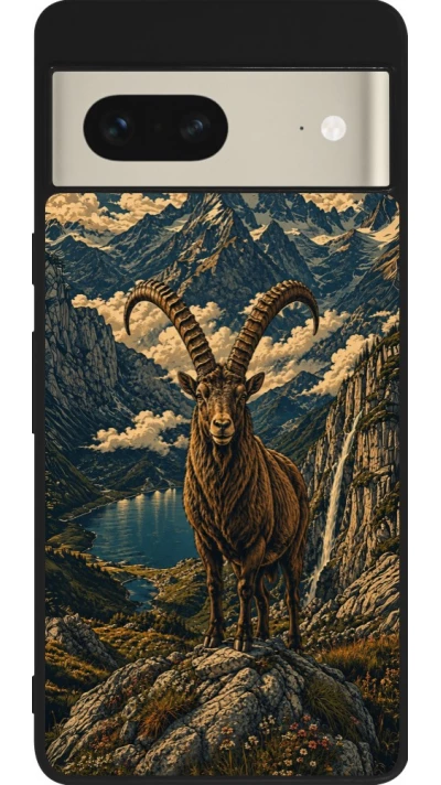 Google Pixel 7 Case Hülle - Silikon schwarz Linocut Steinbock