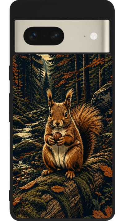 Google Pixel 7 Case Hülle - Silikon schwarz Linocut Eichhörnchen