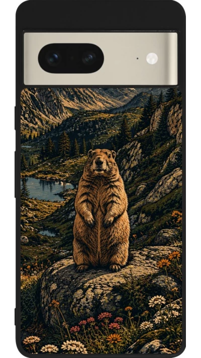 Google Pixel 7 Case Hülle - Silikon schwarz Linocut Murmeltier