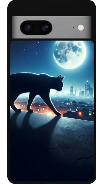 Google Pixel 7a Case Hülle - Silikon schwarz Schwarze Katze unter dem Vollmond