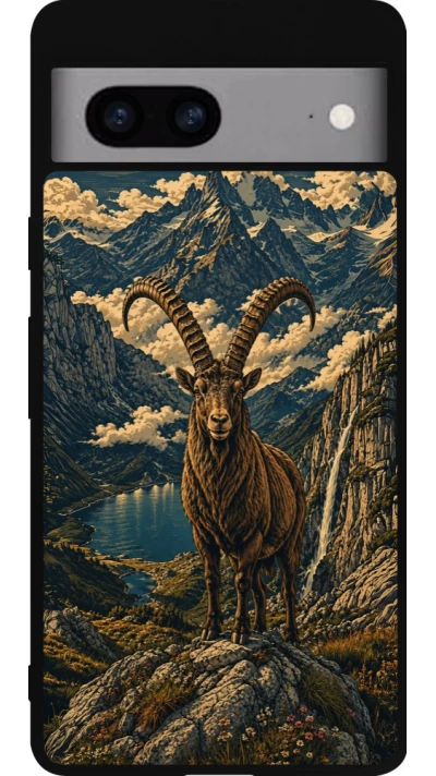 Coque Google Pixel 7a - Silicone rigide noir Linocut Bouquetin