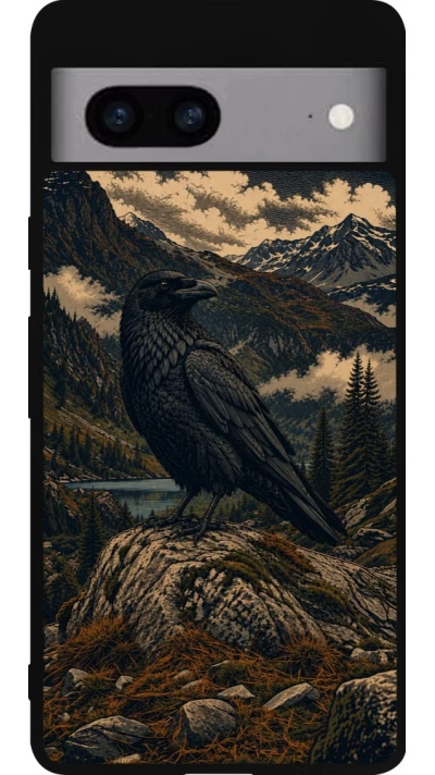 Coque Google Pixel 7a - Silicone rigide noir Linocut Grand Corbeau