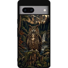 Coque Google Pixel 7a - Silicone rigide noir Linocut Grand-Duc