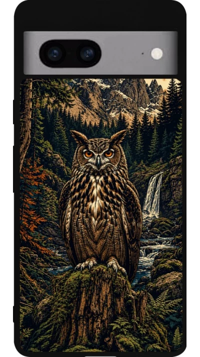 Coque Google Pixel 7a - Silicone rigide noir Linocut Grand-Duc