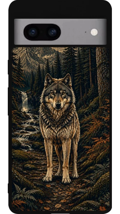 Coque Google Pixel 7a - Silicone rigide noir Linocut Loup