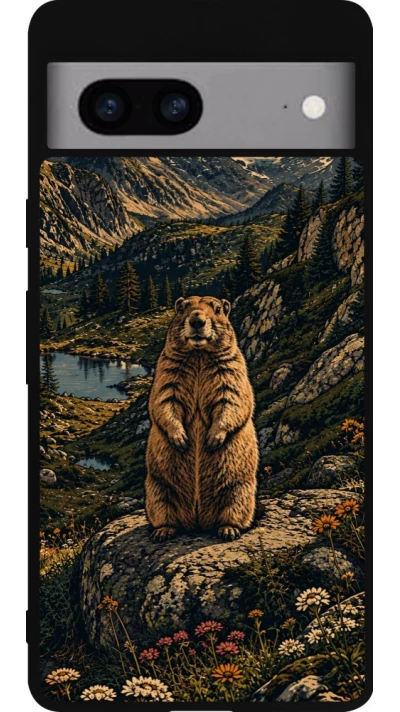Coque Google Pixel 7a - Silicone rigide noir Linocut Marmotte