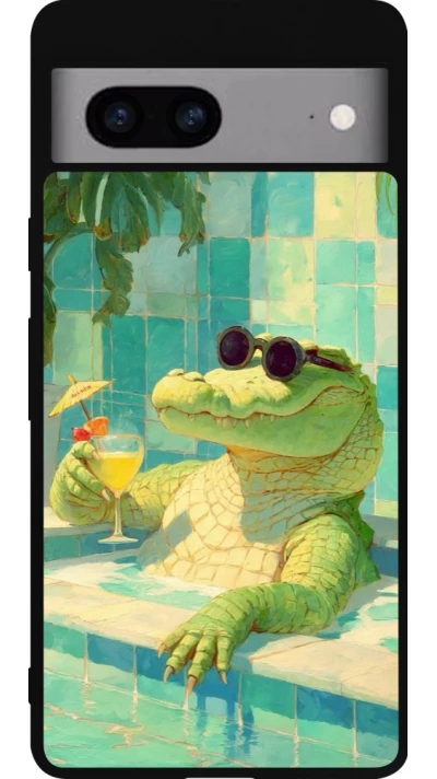 Coque Google Pixel 7a - Silicone rigide noir Crocodile in the swimming pool Summer 2026