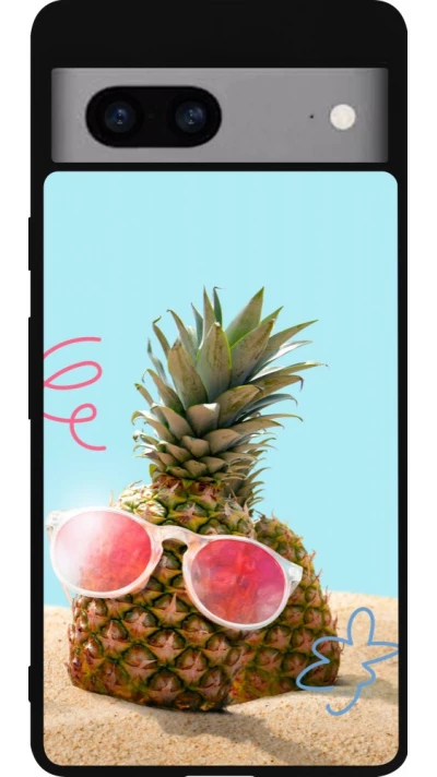 Coque Google Pixel 7a - Silicone rigide noir Pineapple with glasses Summer 2026